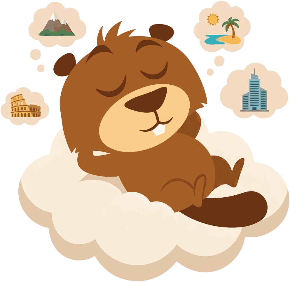 Hopkins the beaver dozing on a cloud, daydreaming about mountains, a beach, the Colosseum, and a city skyline