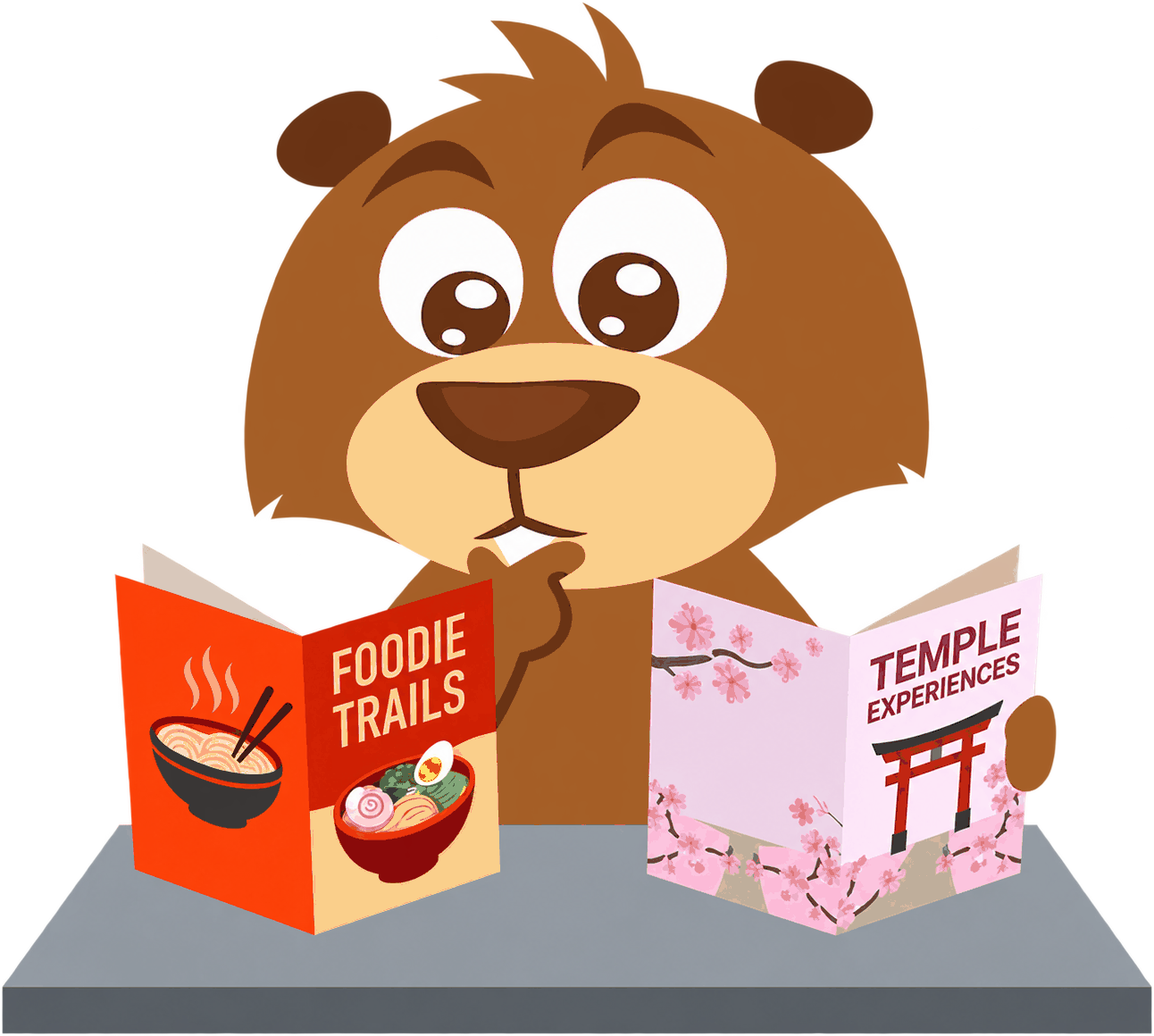 Hopkins the beaver reading two guidebooks, one on food trails and one on temple experiences