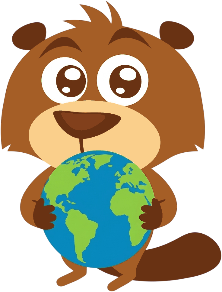 Hopkins the beaver holding a globe