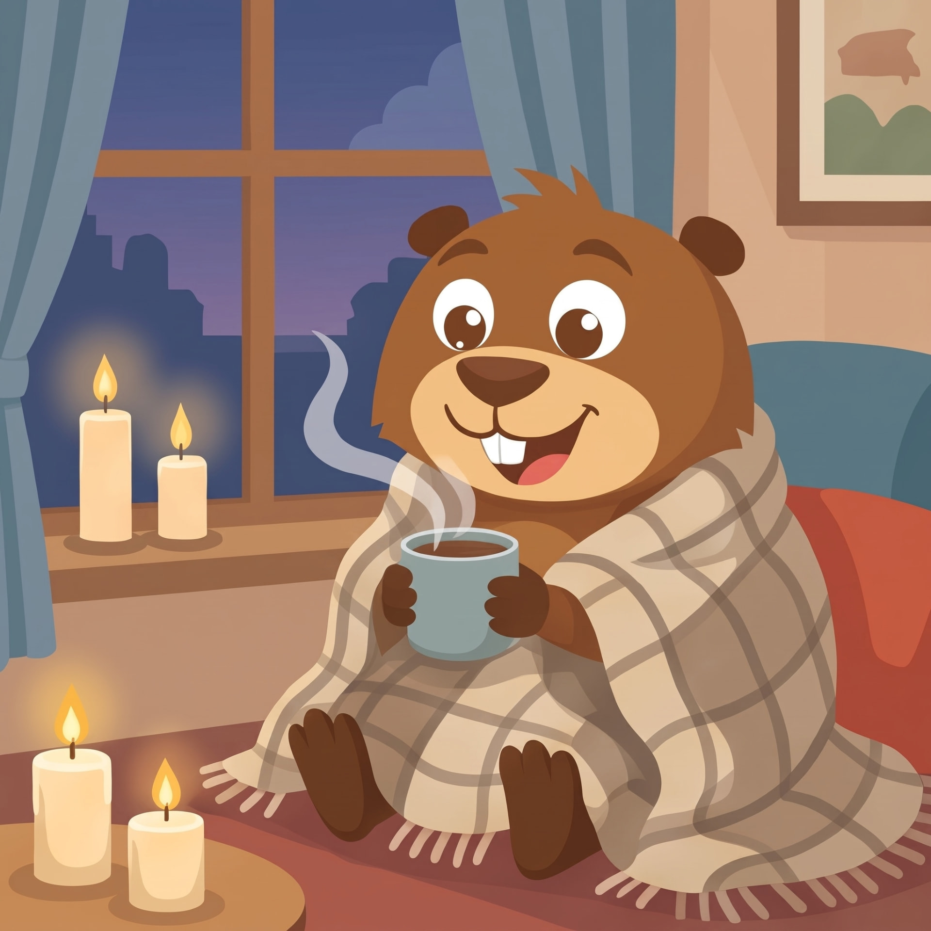 Hopkins the beaver relaxing under a blanket on a candlelit evening