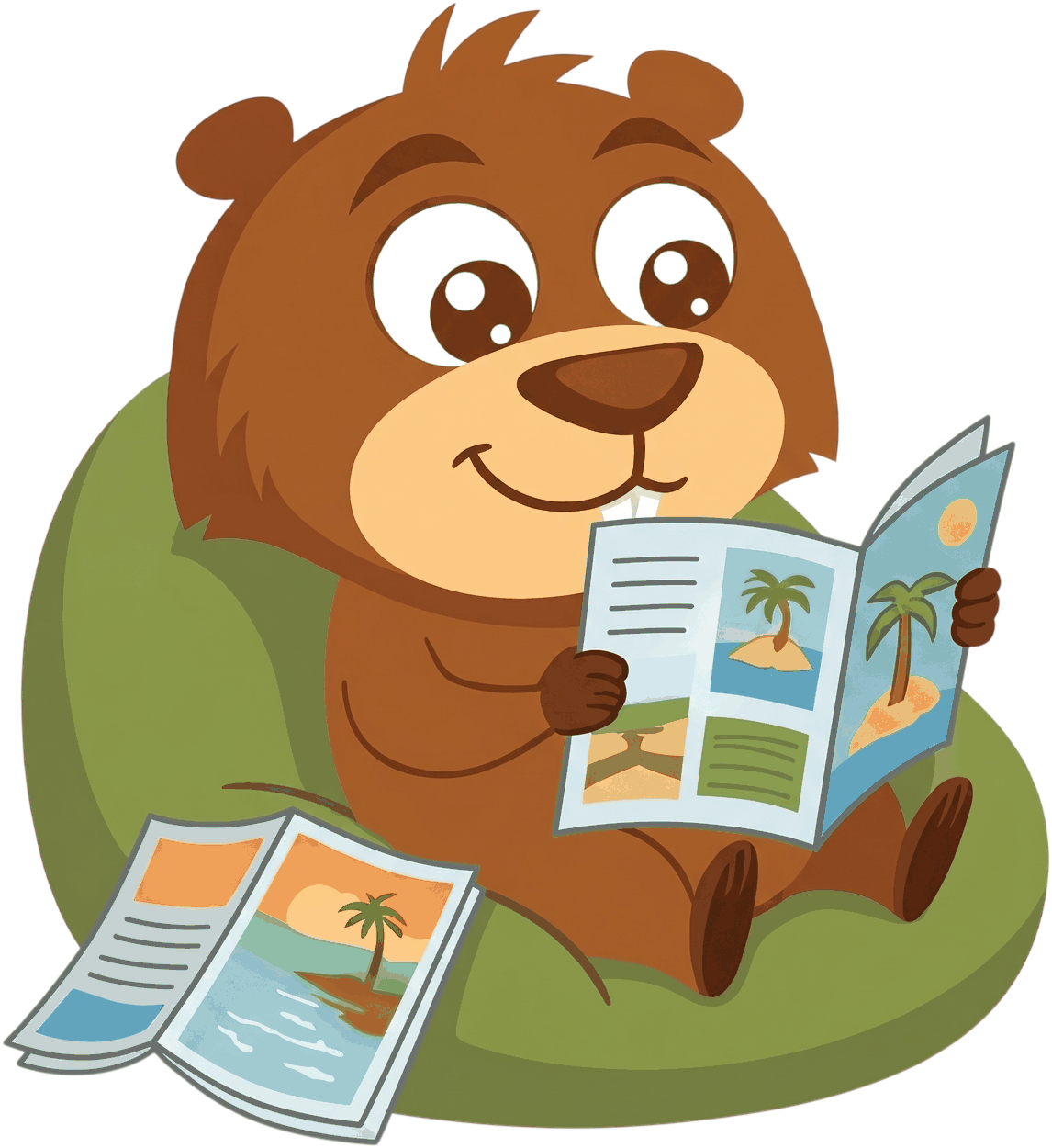 Hopkins the beaver relaxing in an armchair, reading travel brochures
