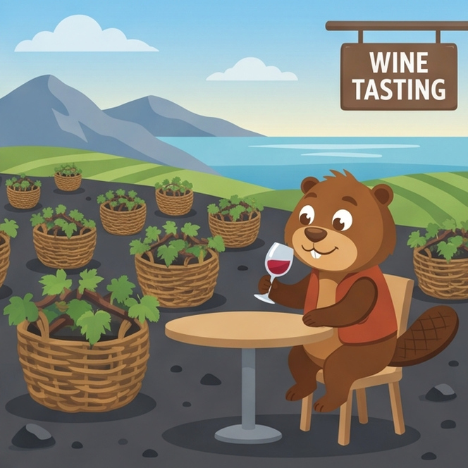Hopkins tasting wine among basket-shaped vines