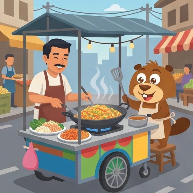 Hopkins at a pad thai street stall